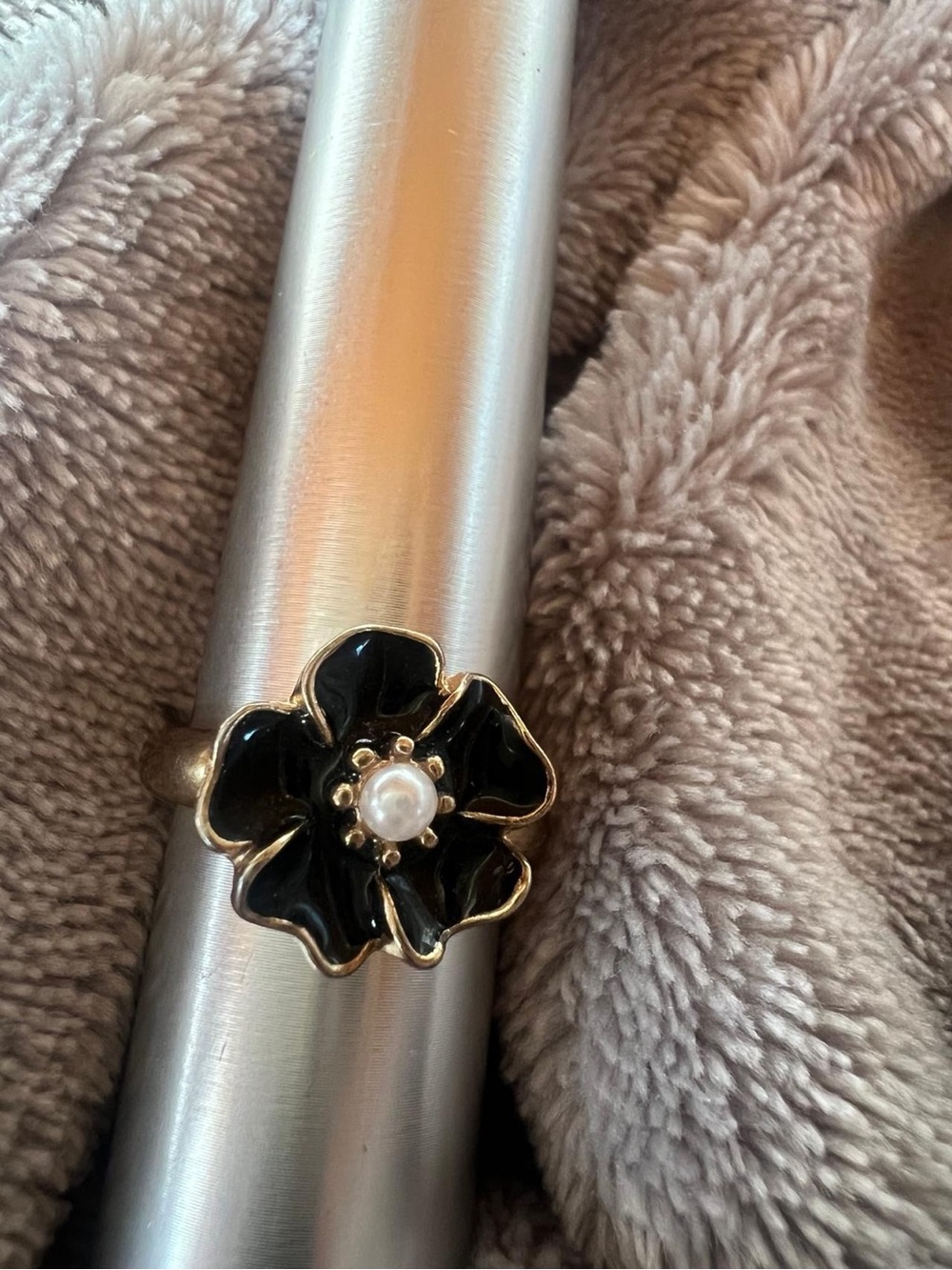 Black Enamel Flower Ring with Pearl Accent